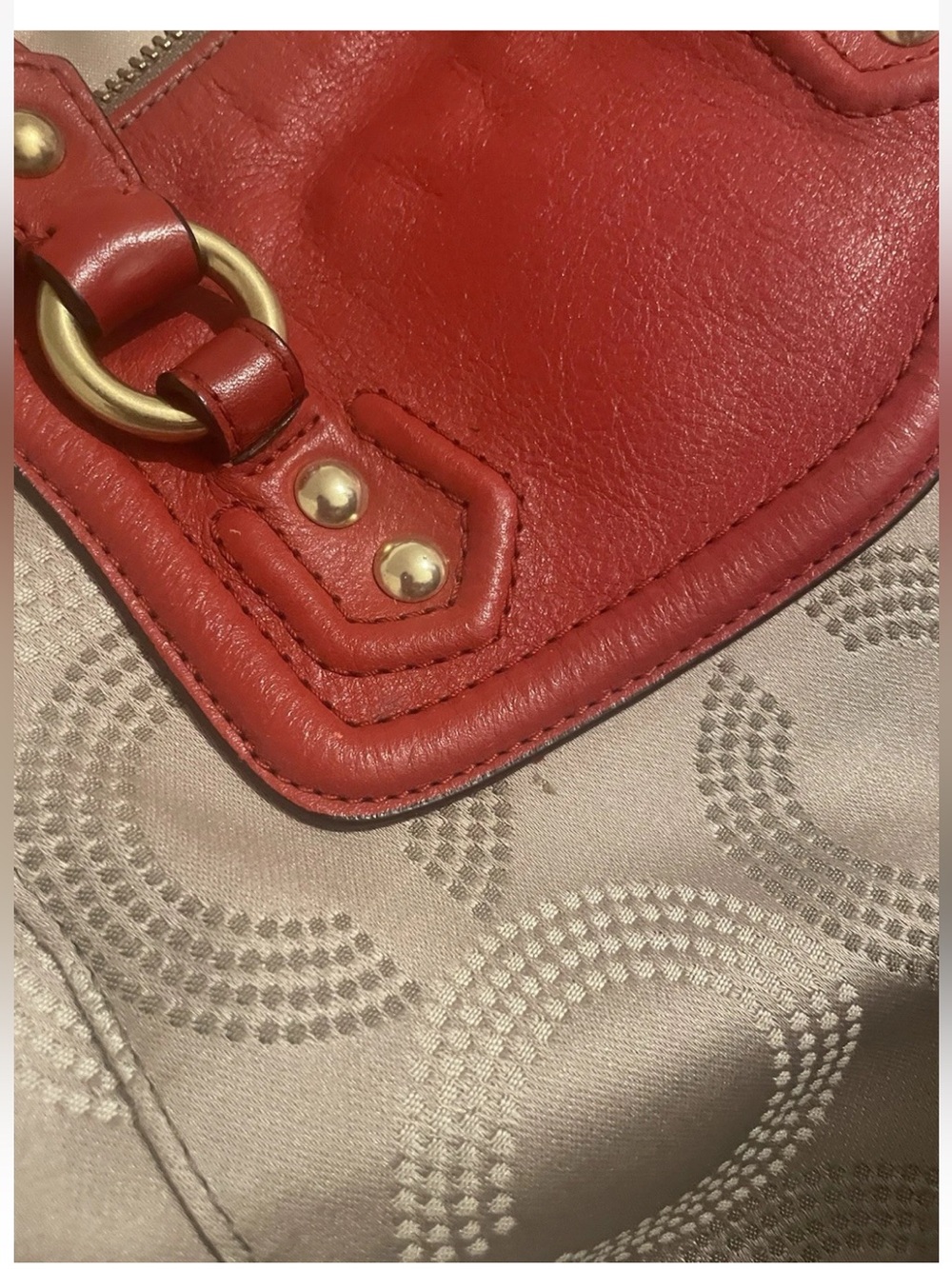 Coach Ashley Signature Khaki Red Op Art Dotted Satchel Crossbody, 2012, F20027 - Picture 14 of 16